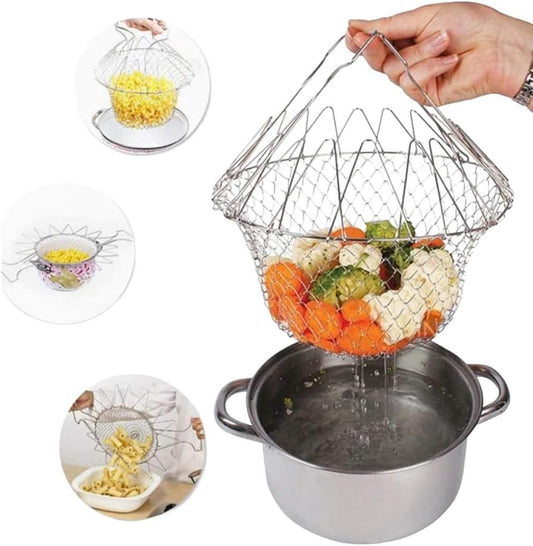 Multifunctional Frying Pan Basket Stainless Steel Folding Strainer